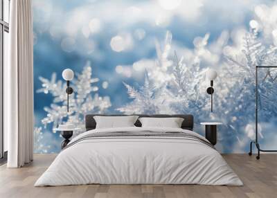 A close-up view of snowflakes, intricate ice crystals in sharp focus, delicate glistening ice formations, blurred snowy background Wall mural